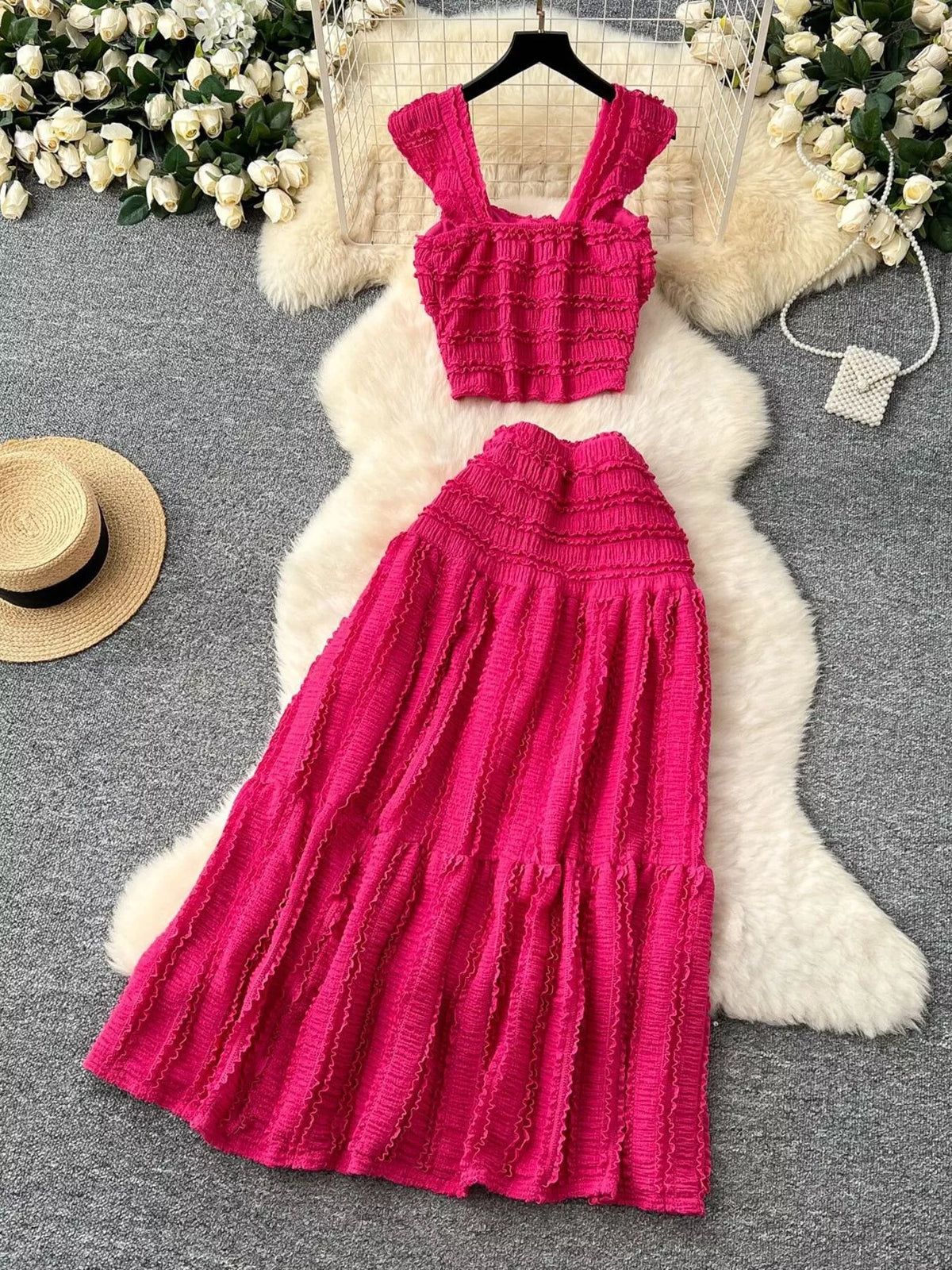 Textured smocked crop top and tiered skirt set side view