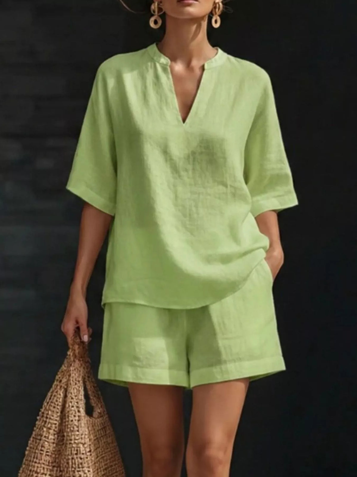 Notched half sleeve two piece set pocket detail