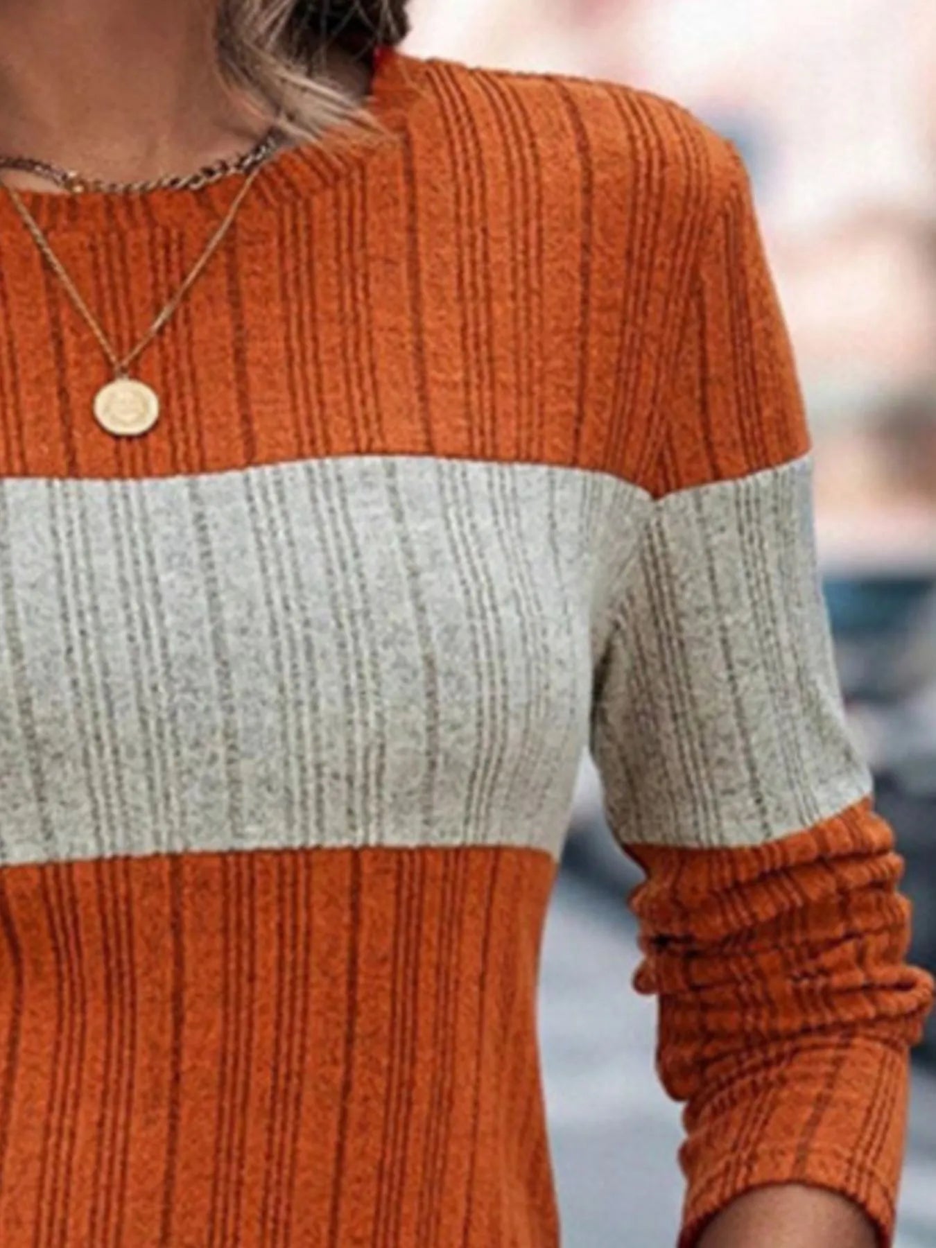 Color Block Round Neck Long Sleeve Sweater - Fashorio