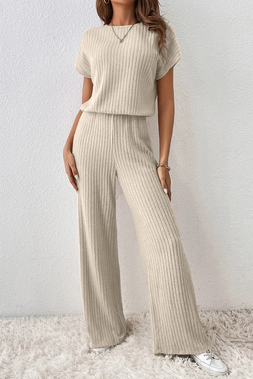 Ribbed Knit Wide Leg Jumpsuit Beige - Fashorio