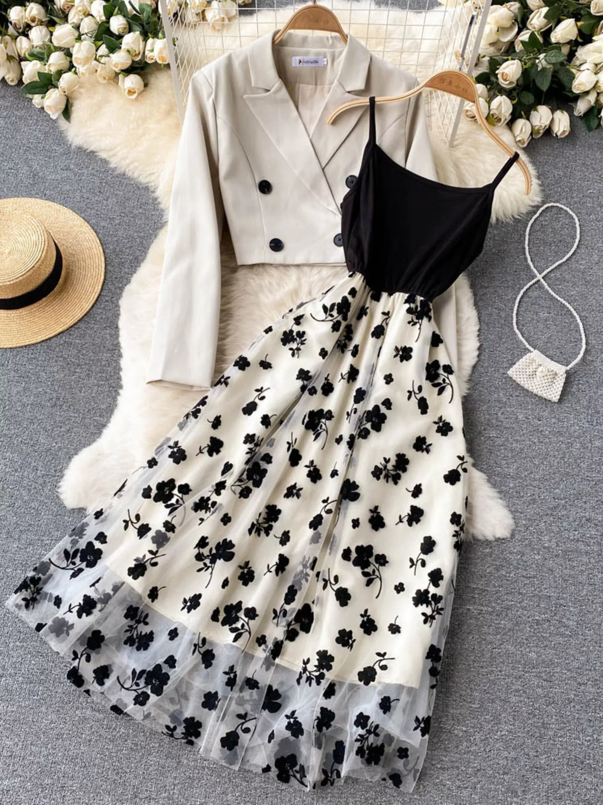 Floral mesh dress and blazer two piece set front view