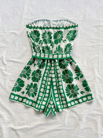 Printed Tube Tie Waist Romper - Fashorio