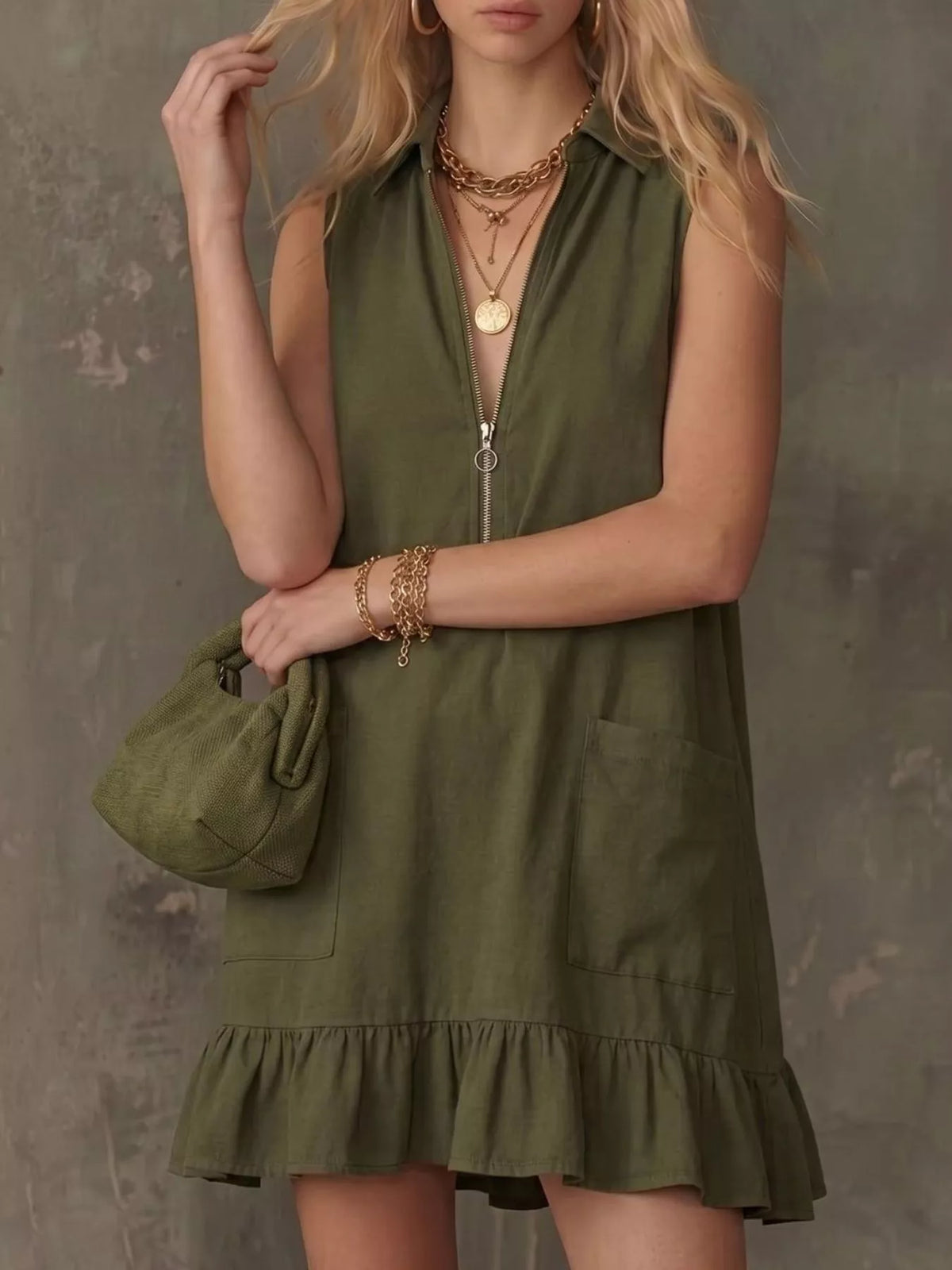 Collared zip front mini dress neckline detail