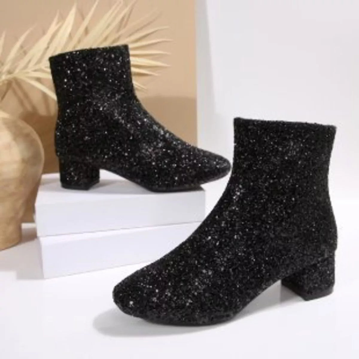 black sequin block heel boots side profile