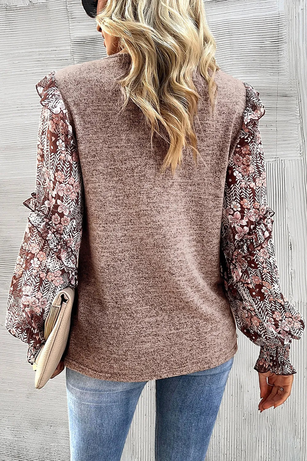 Heathered Floral Frill Lantern Sleeve Blouse - Fashorio