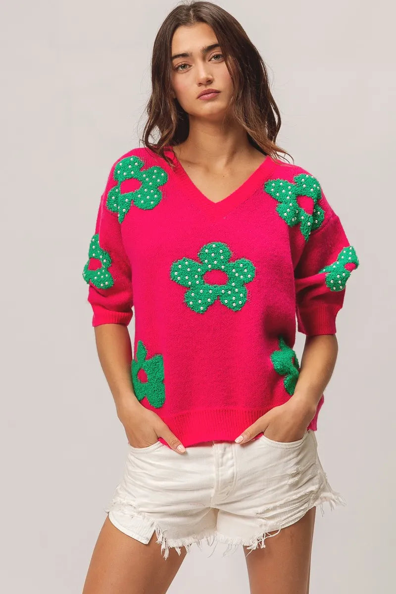 BiBi Pearl Beads Flowers Sweater Top - Fashorio