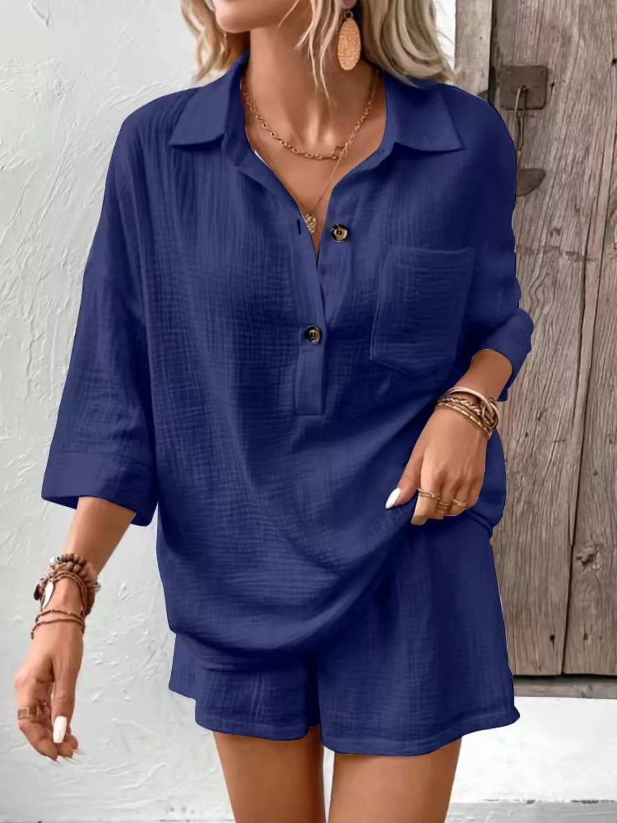 Button detail two piece shorts set another shade