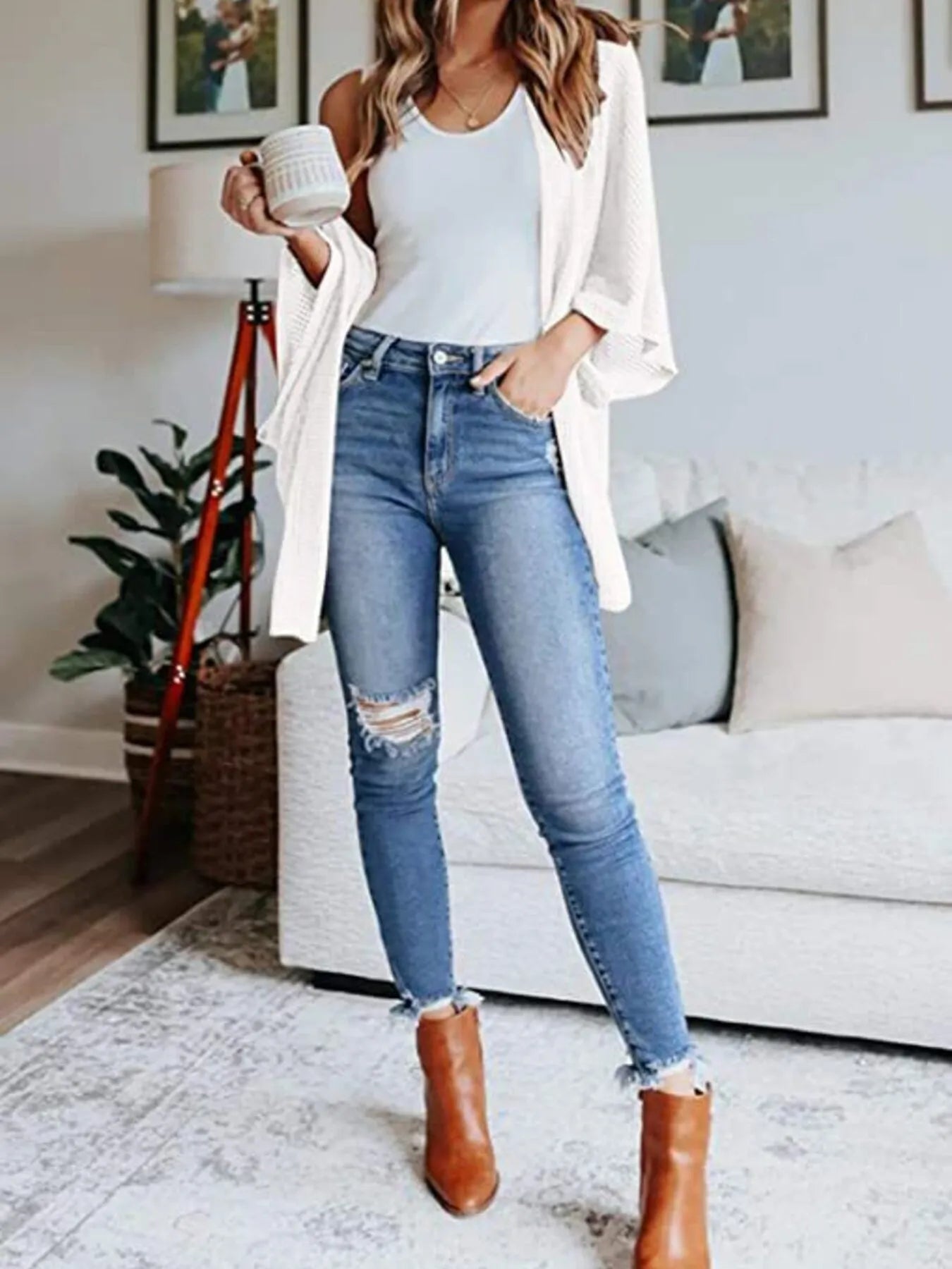 Full Size Open Front Waffle Knit Cardigan Plus Size - Fashorio