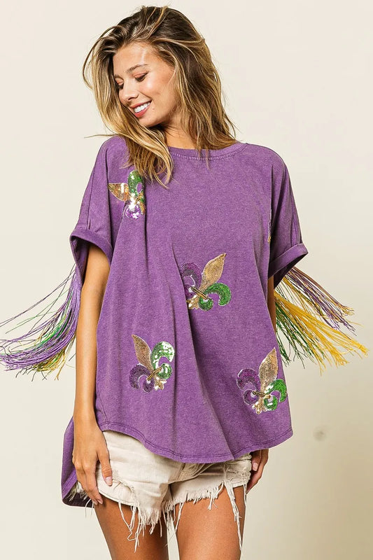 BiBi Vintage Washed Fleur Mardi Gras Top VINTAGE VIOLET - Fashorio
