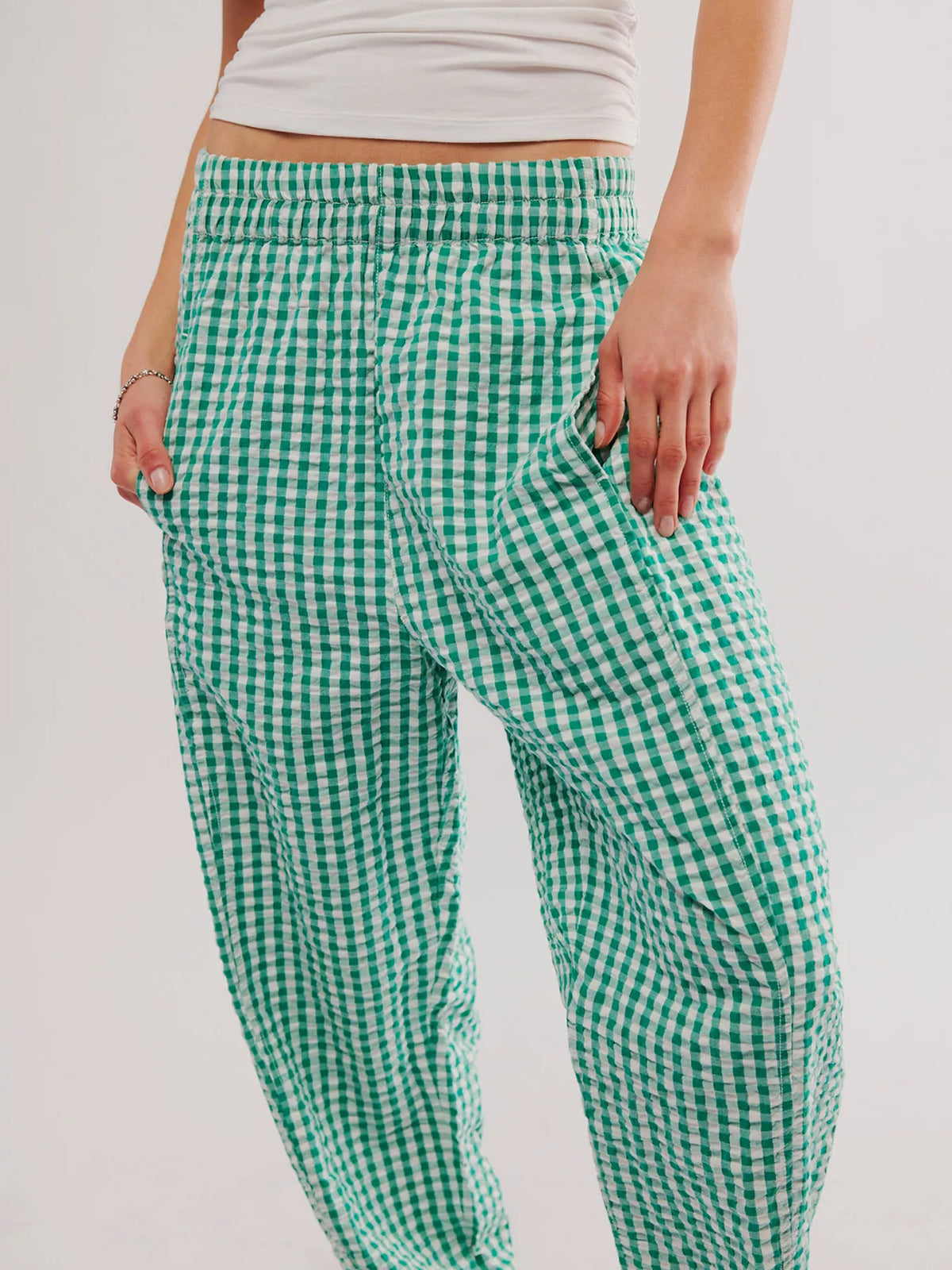 Green gingham relaxed fit pants side view