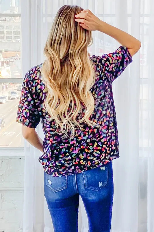 Leopard Foil Print Half Sleeve Sweater Top side view
