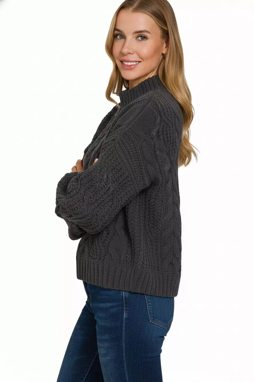 Cable Knit Ribbed Turtleneck Sweater in Black side view