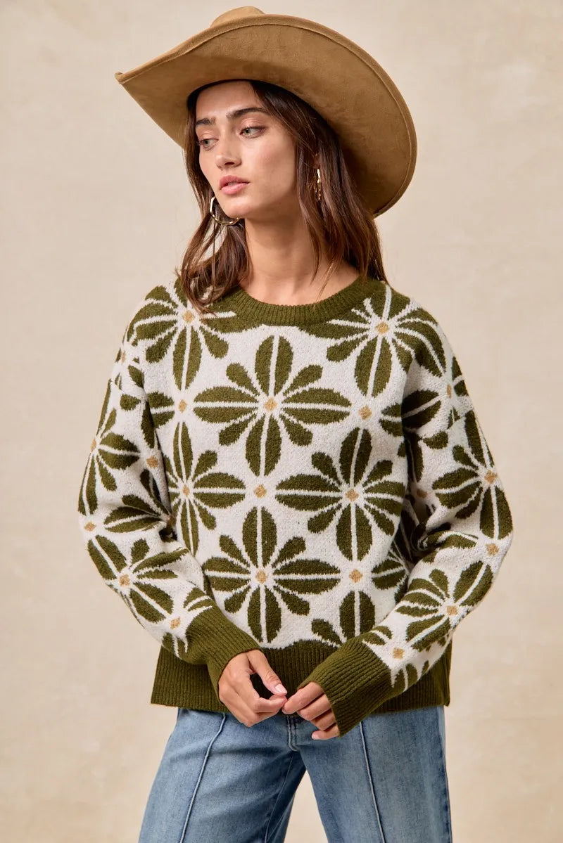 BiBi Flower Pattern Long Sleeve Sweater OLIVE IVORY - Fashorio