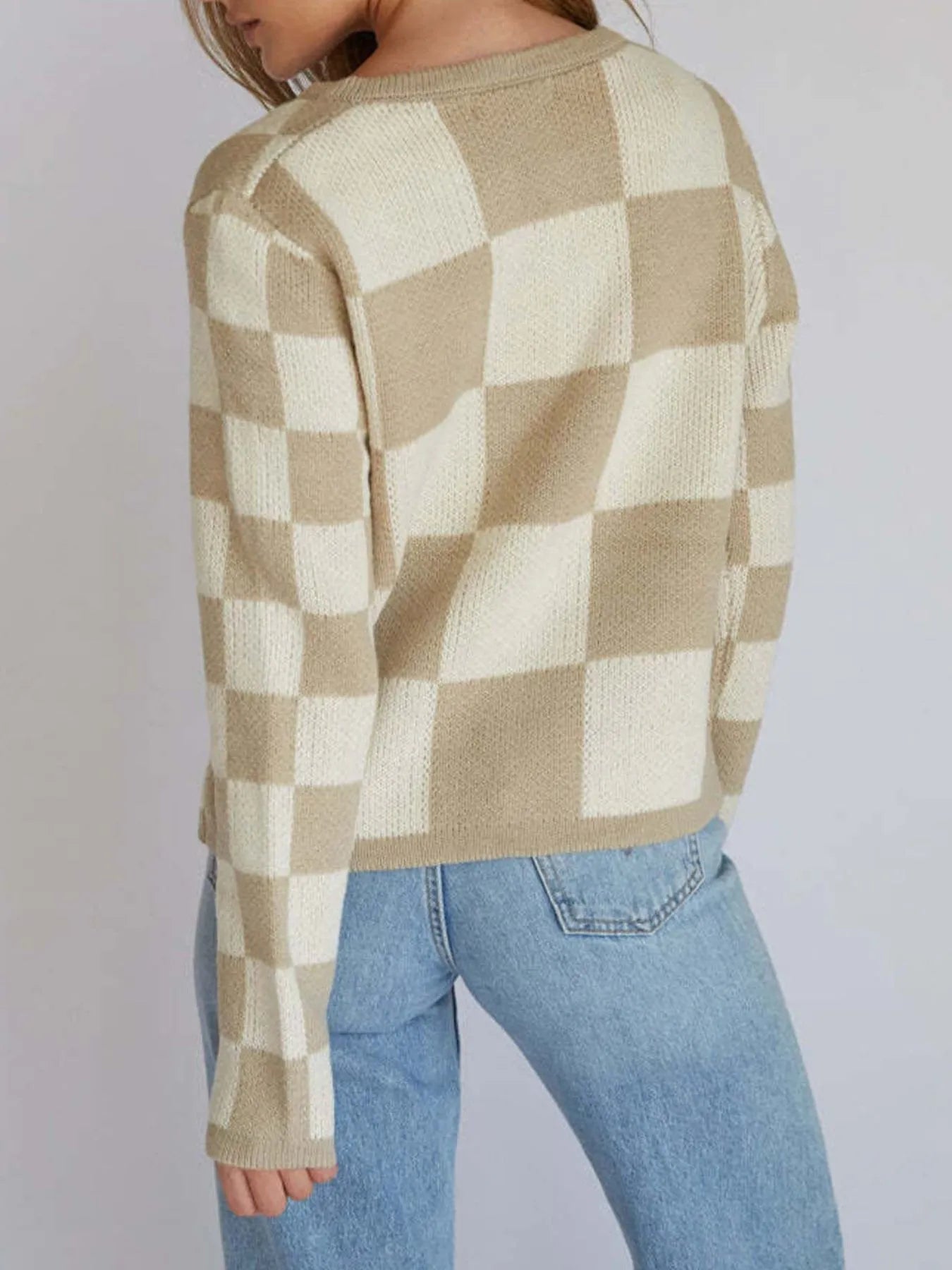 Checkered Tie-Front Cropped Cardigan - Fashorio
