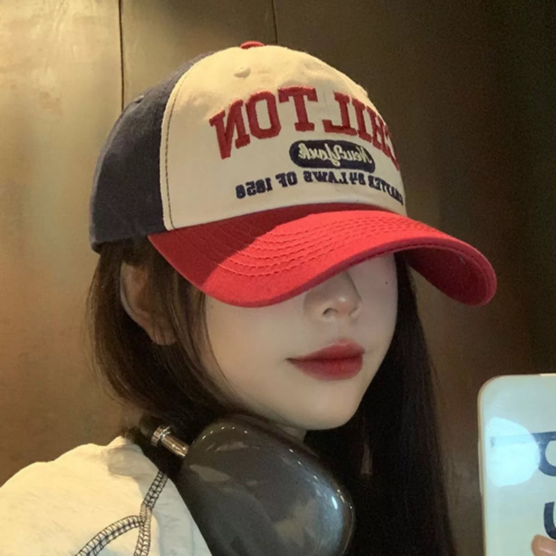 Red embroidered color block baseball cap front view