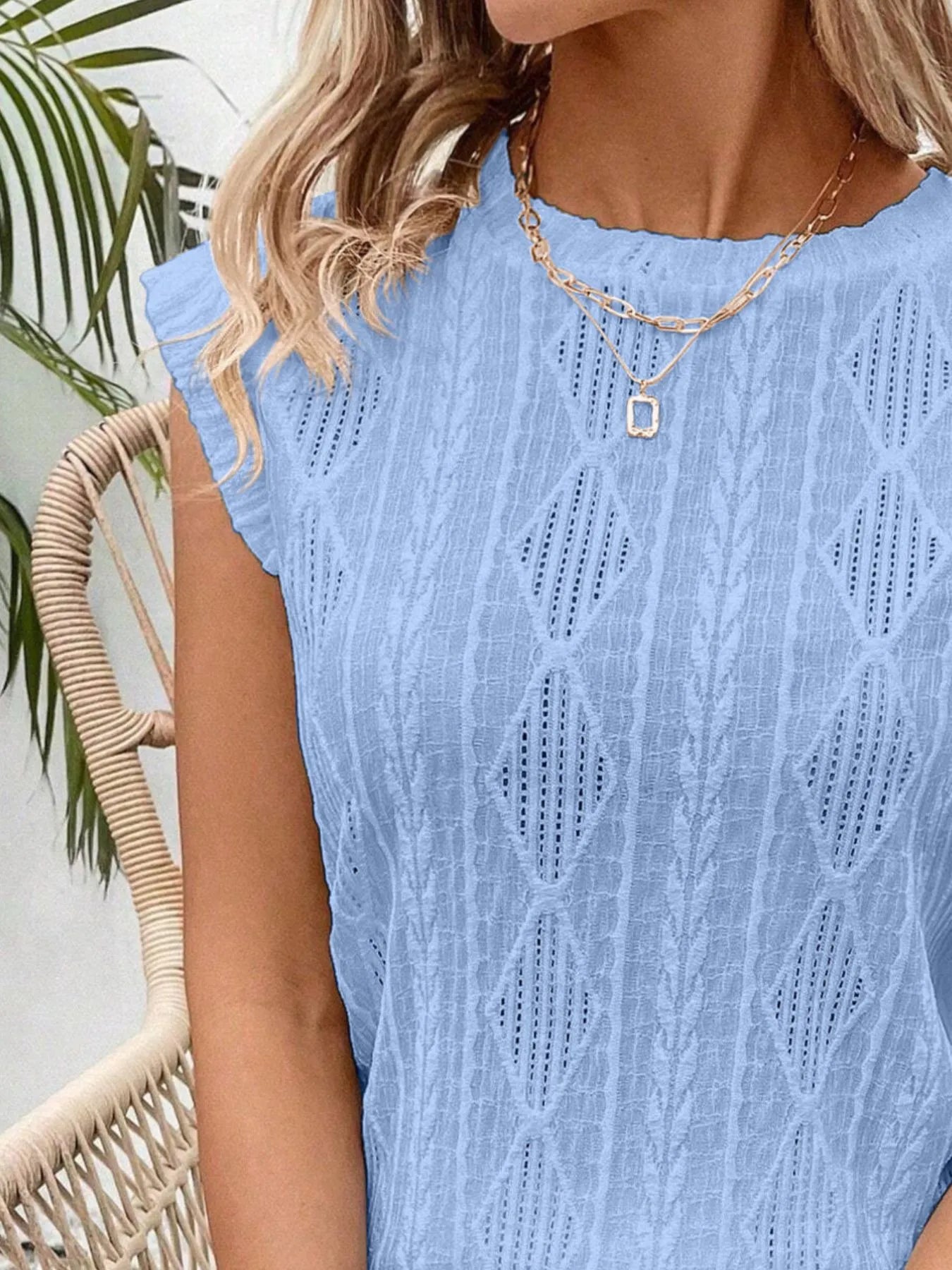 Openwork Round Neck Top - Fashorio