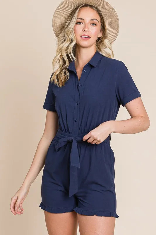 Collared Button Down Romper with Tie Belt styled look