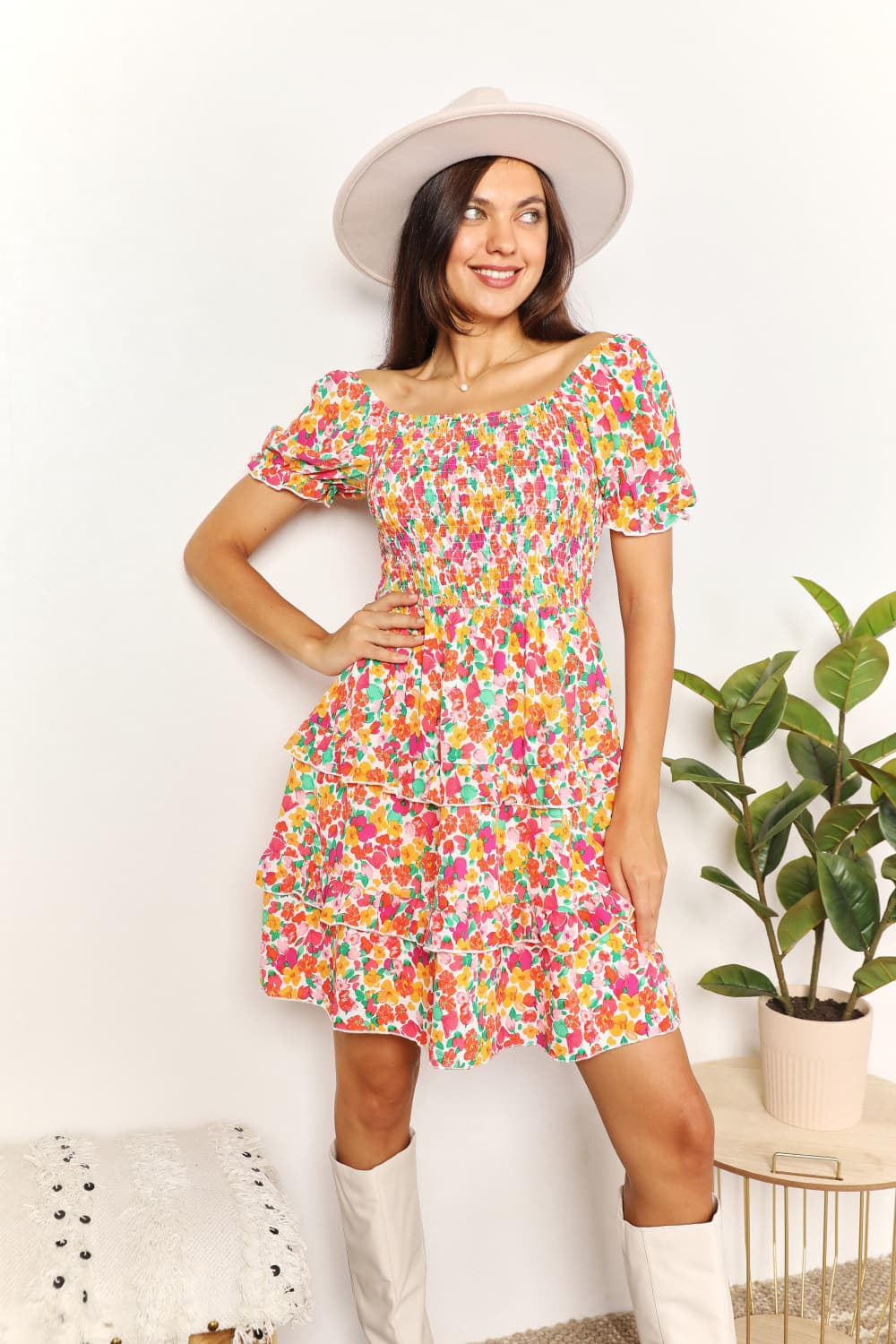 Devine Smocked Sweetheart Neck Flounce Sleeve Mini Dress side view