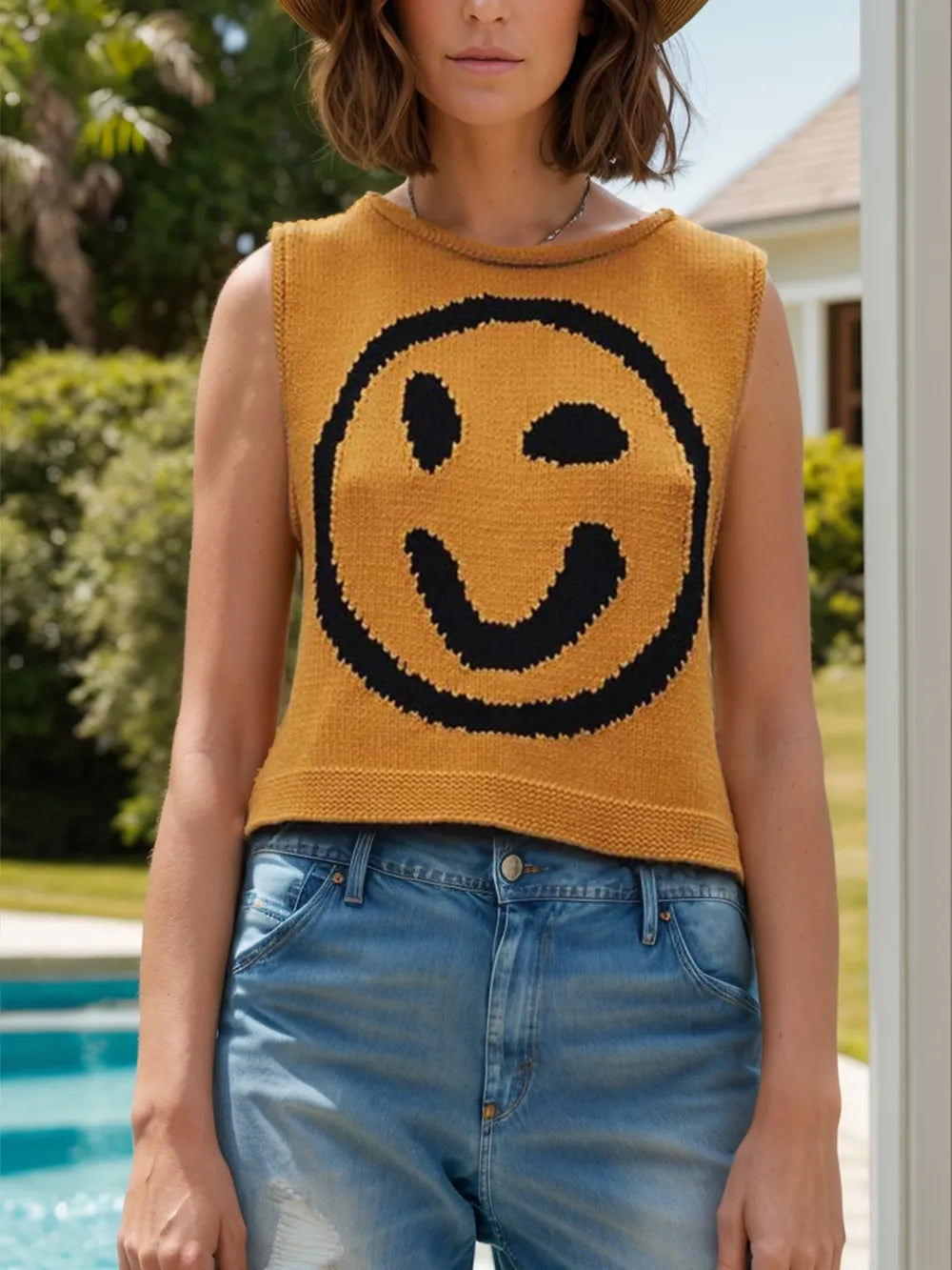 Smiley Face Round Neck Sweater Vest in Mustard