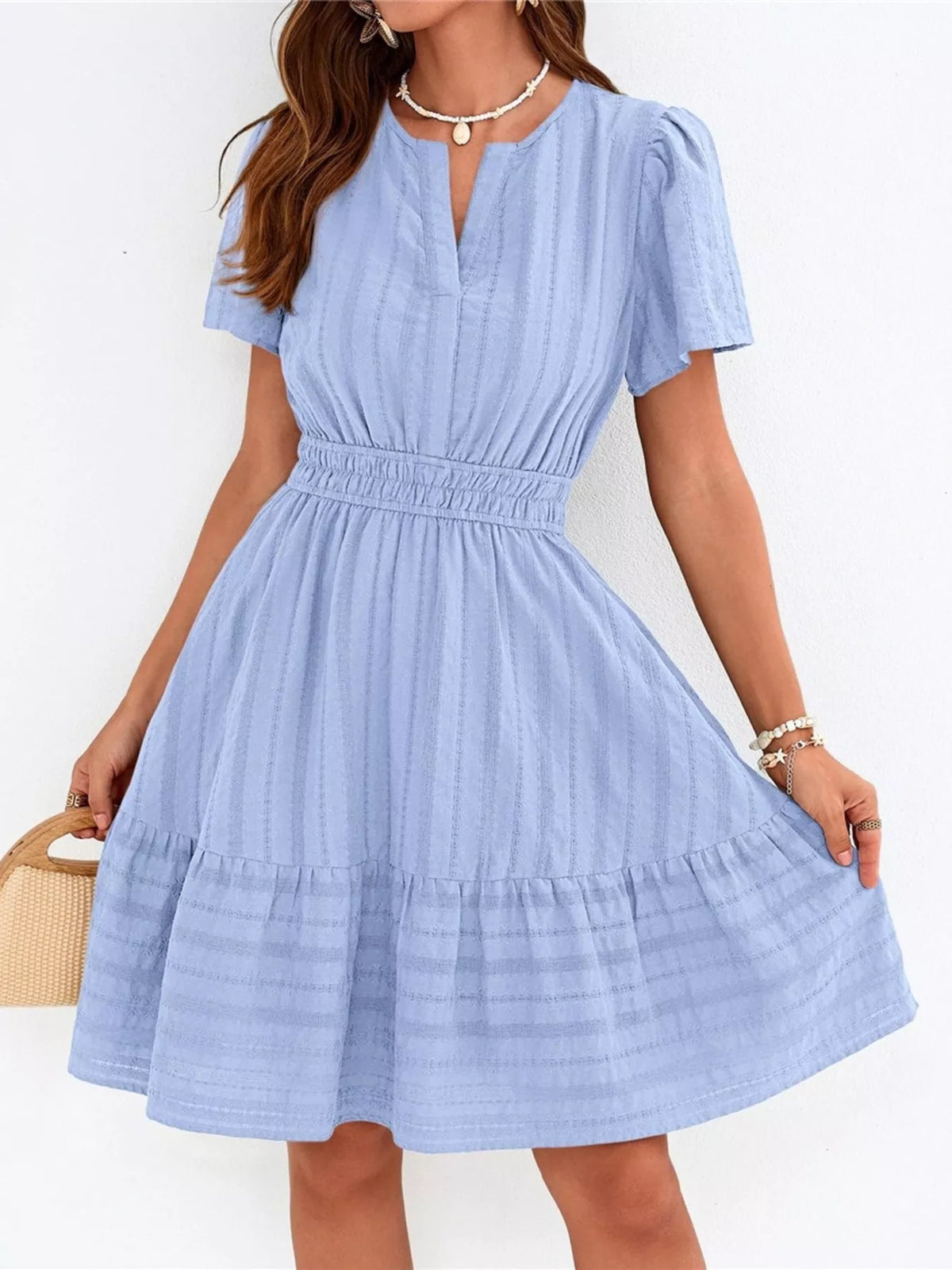 Short sleeve smocked waist tiered midi dress back view