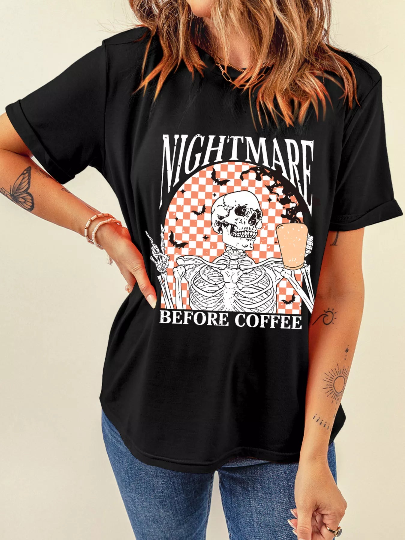 Halloween Skull Checkerboard Graphic Round Neck Tee - Fashorio