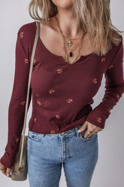 Floral Long Sleeve T-Shirt Burgundy - Fashorio