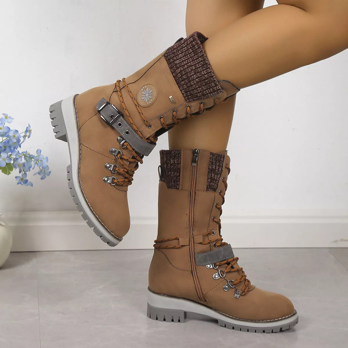Lace Up Block Heel Boots styled with a dress