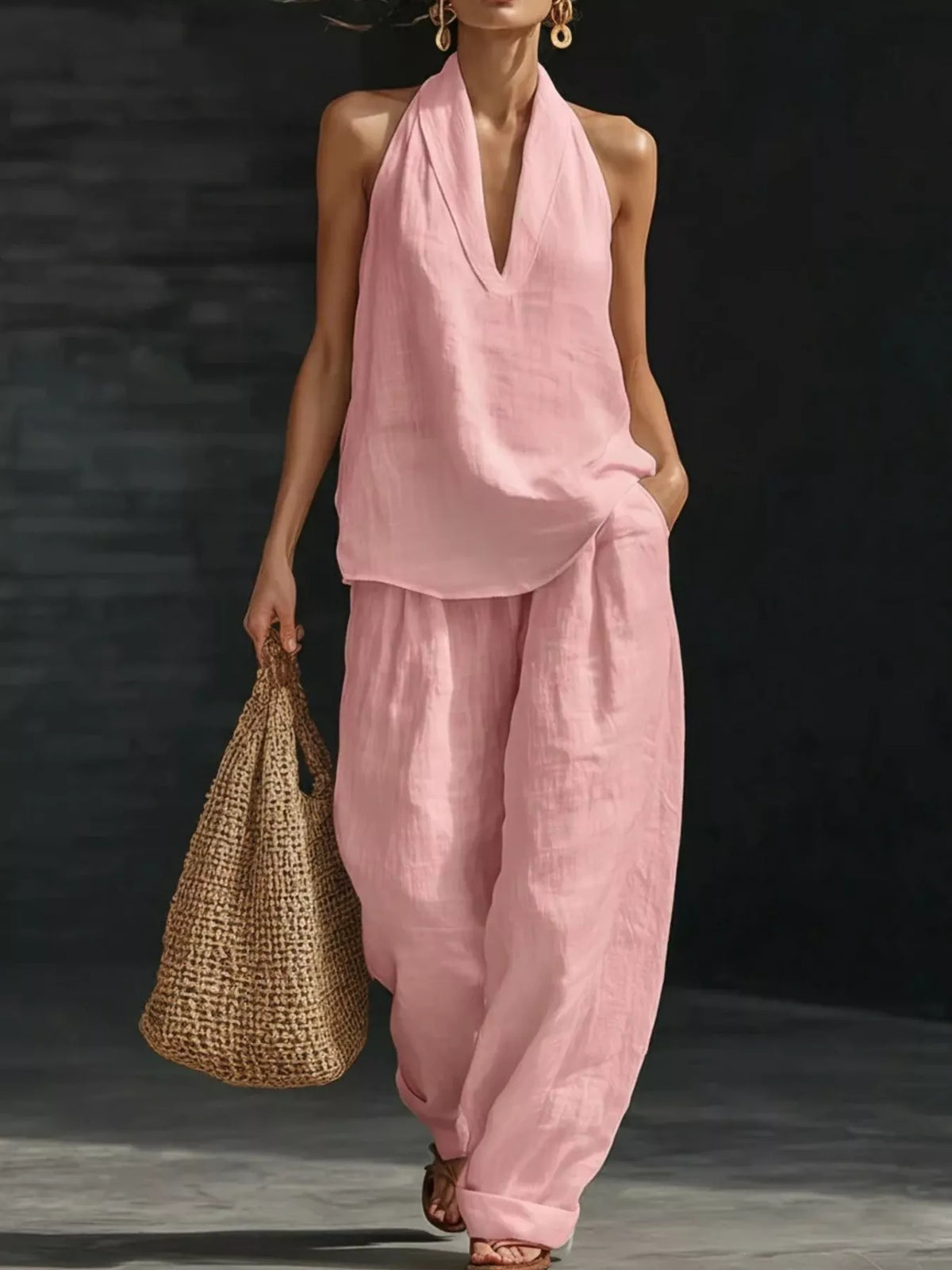 Halter Neck Top and Wide Leg Pants Set Plus Size, view 16