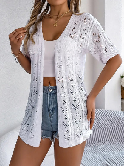 Openwork Open Front Half Sleeve Cardigan White - Fashorio