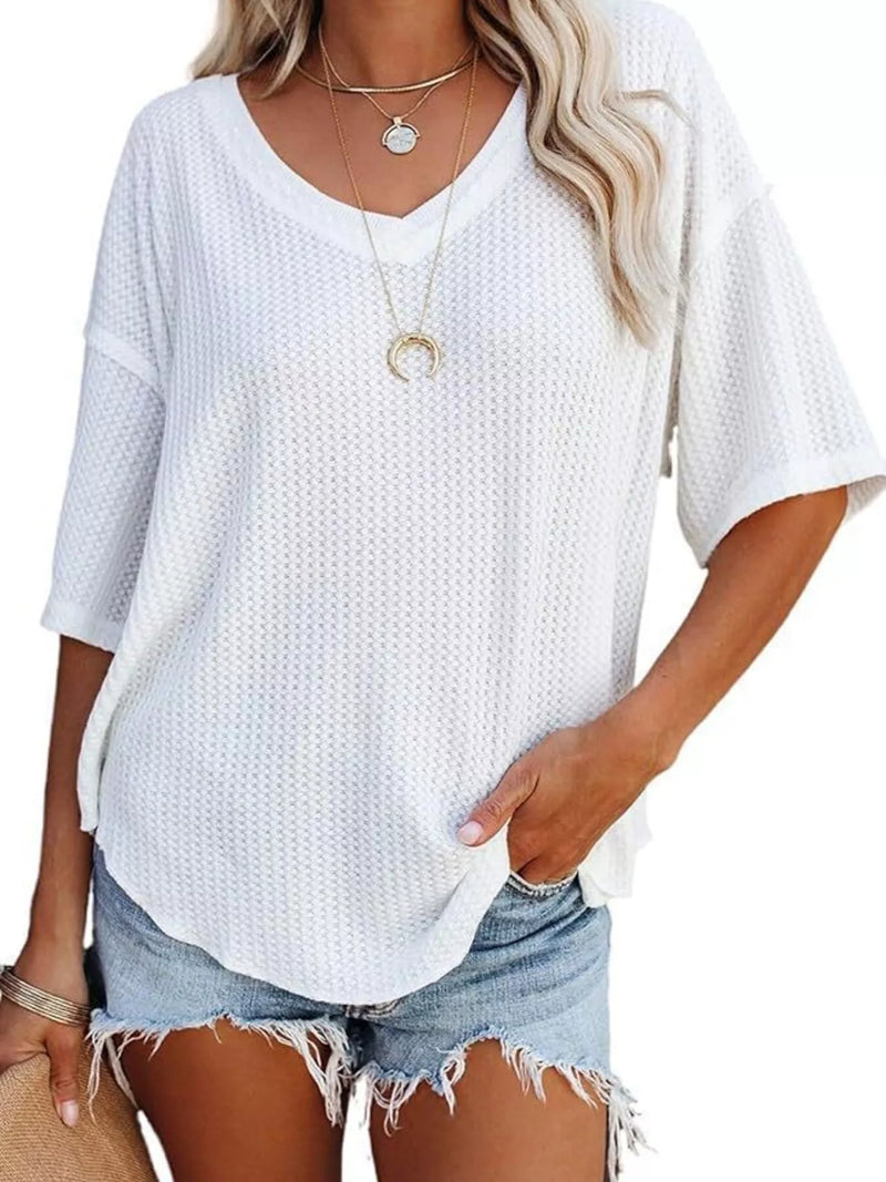 White waffle knit v neck short sleeve tee front view