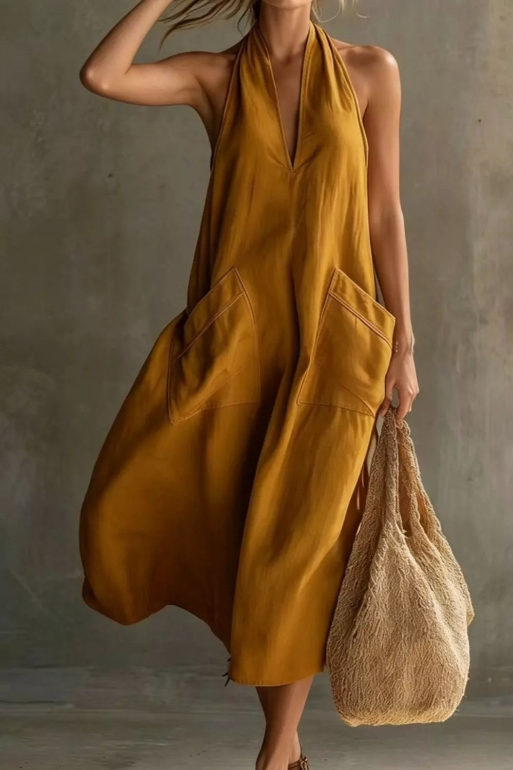 Halter neck pocket midi dress, angled view