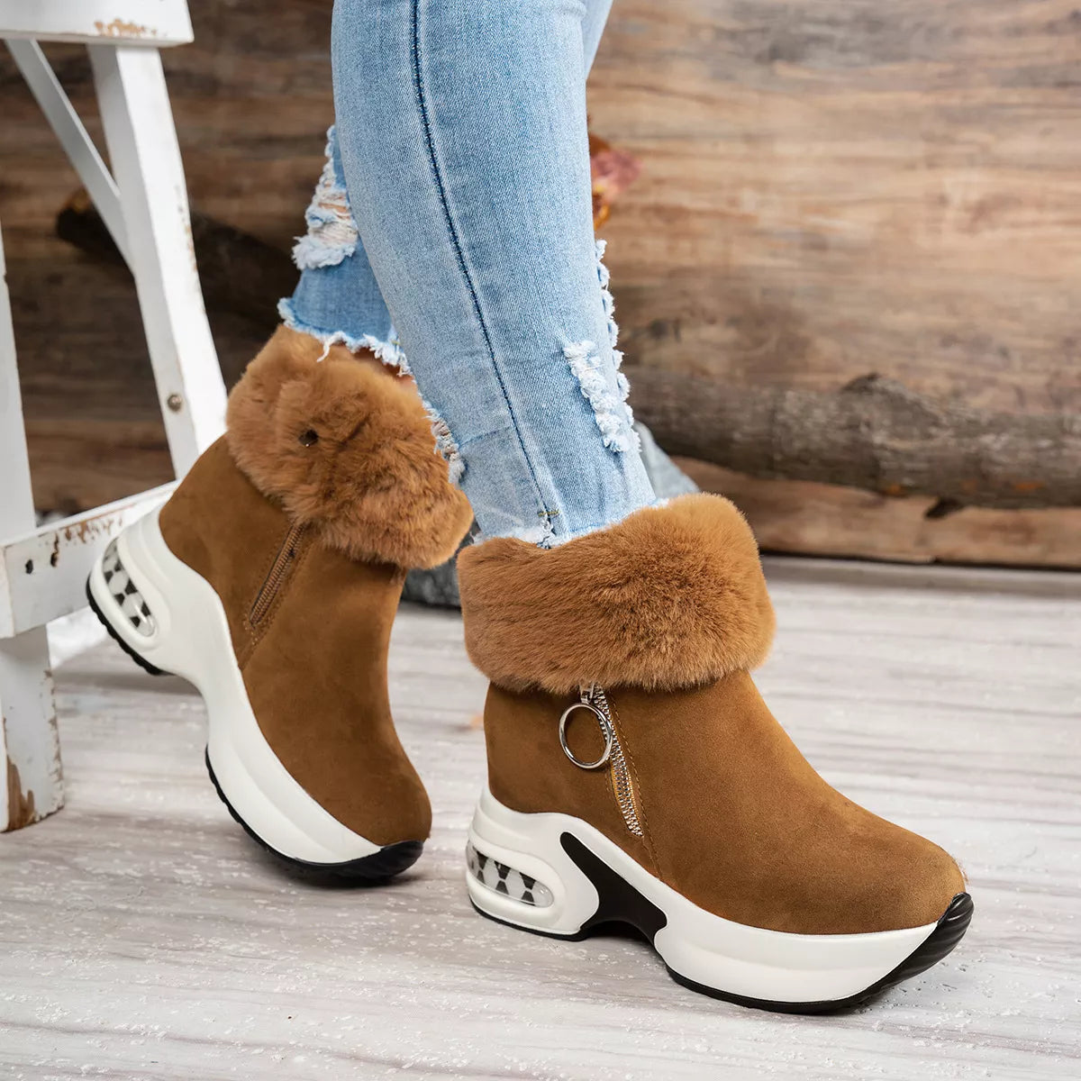 Fuzzy platform ankle boots three quarter view