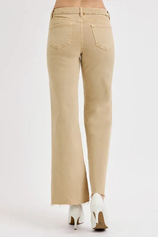 Full length styling of cropped tan wide leg jeans