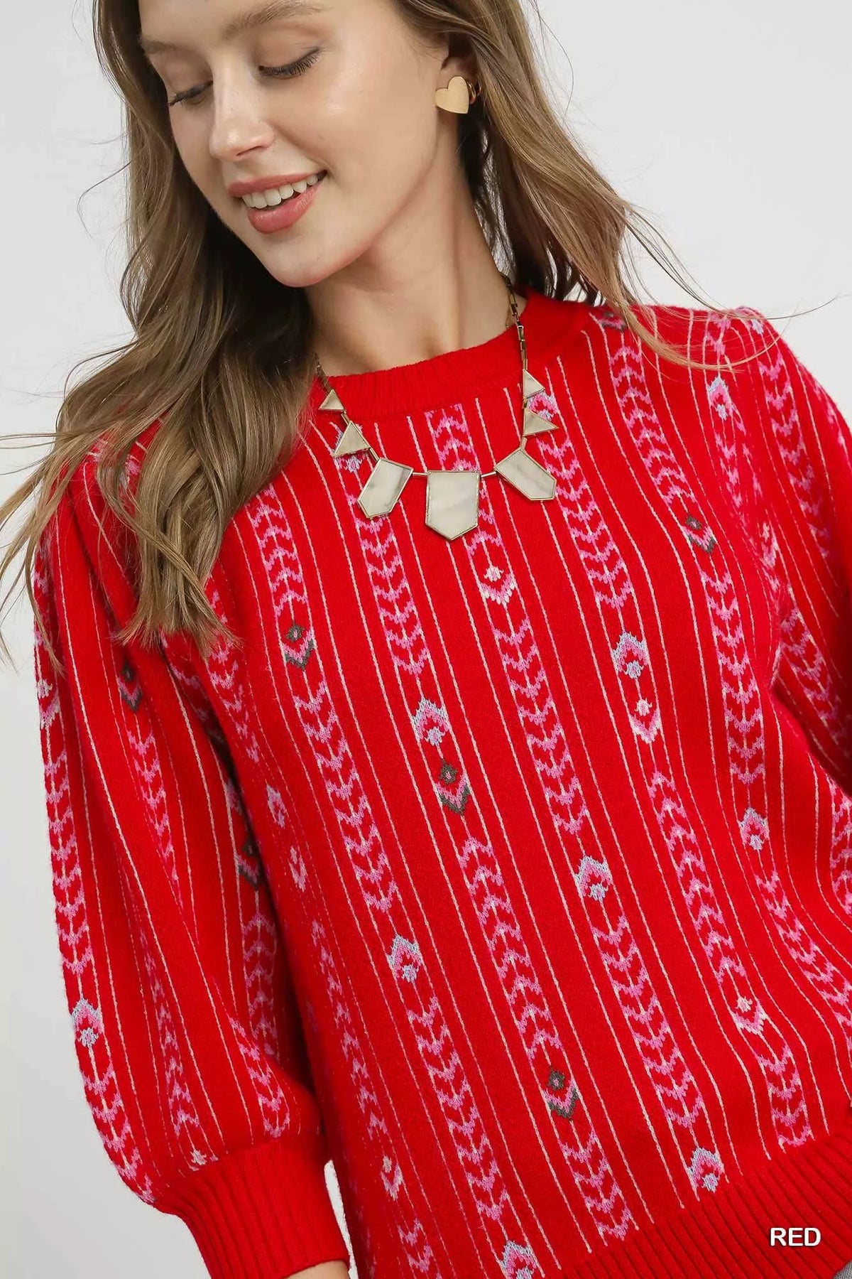 Jacquard Knit Puff Sleeve Sweater in Red styled look