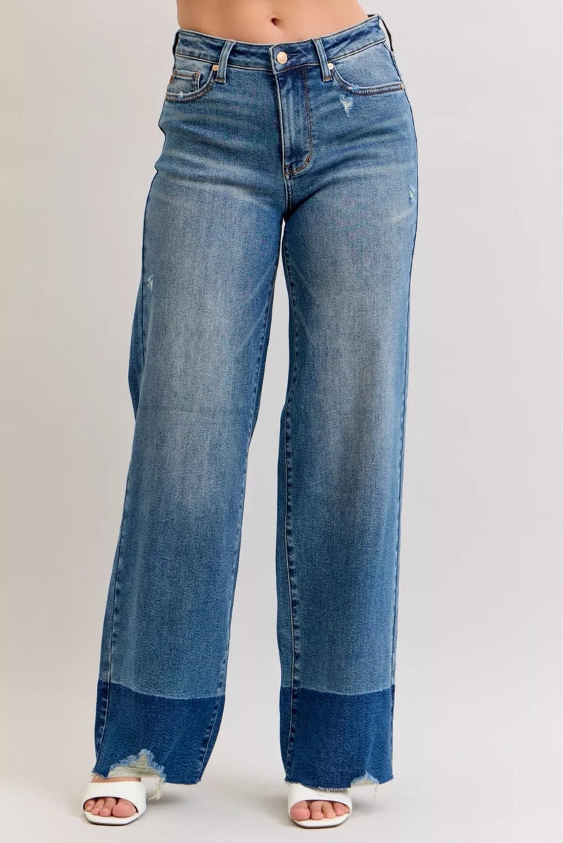 Judy Blue raw hem dark column straight jeans front view