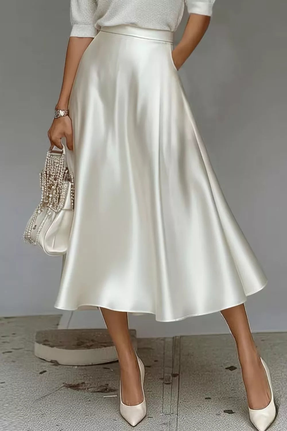 Satin A line midi skirt back view
