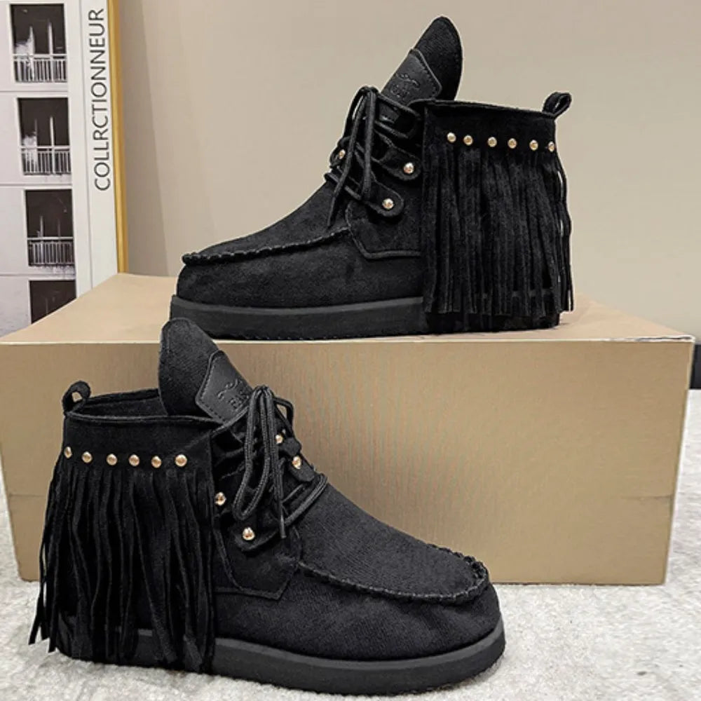 fringe studded canvas boots top down view