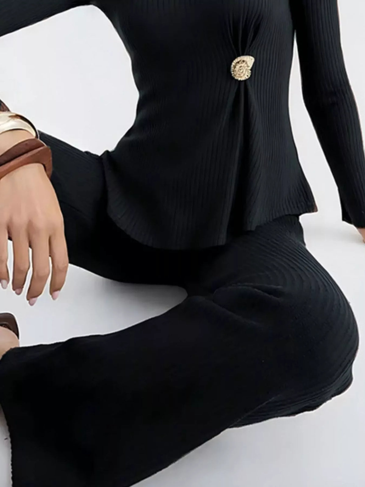 Ribbed knit matching top and pants set back view