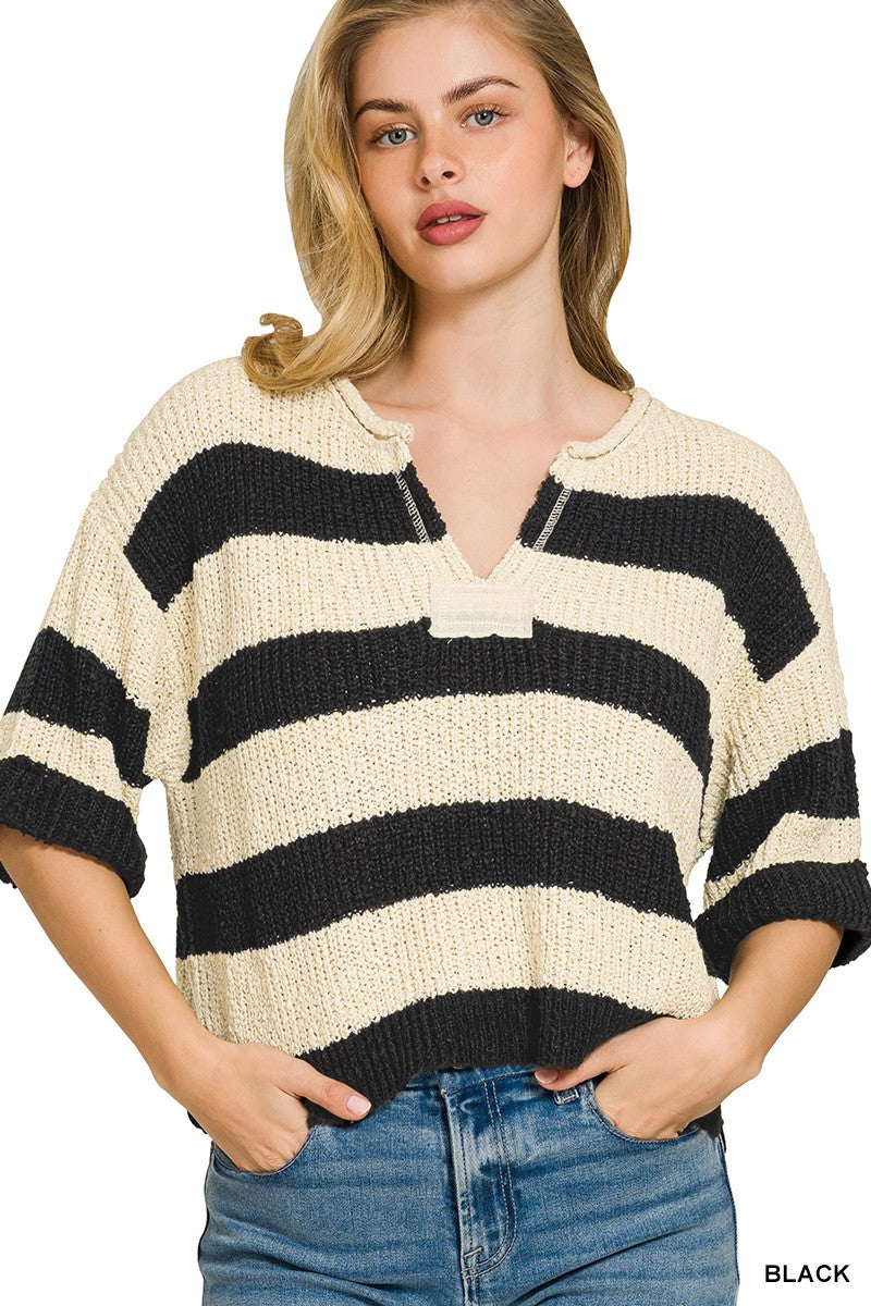 Black and white split neck stripe sweater front