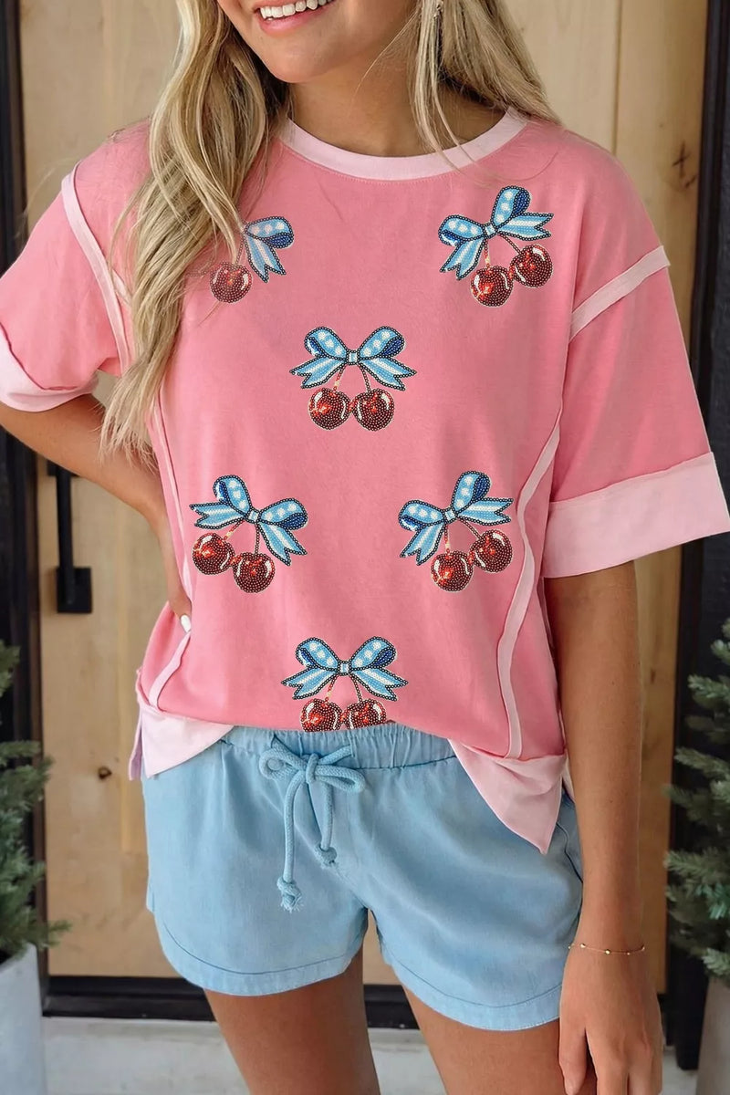 Dusty pink sequin cherry graphic shift top front view