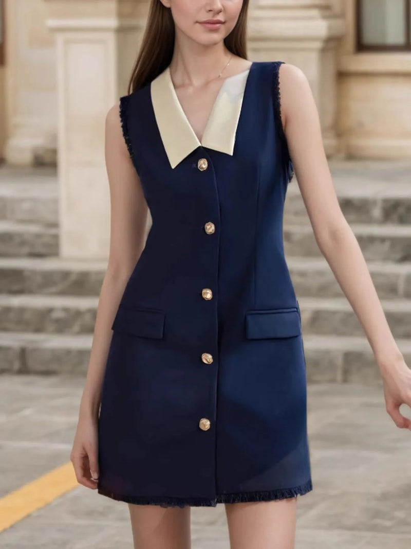 Dark blue contrast collar button front mini dress front view