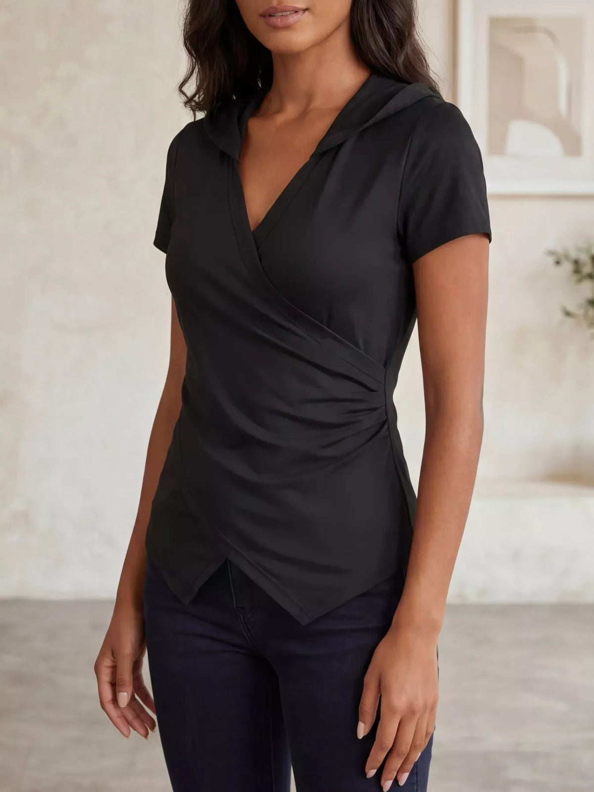 Hooded wrap front slim fit top, side view
