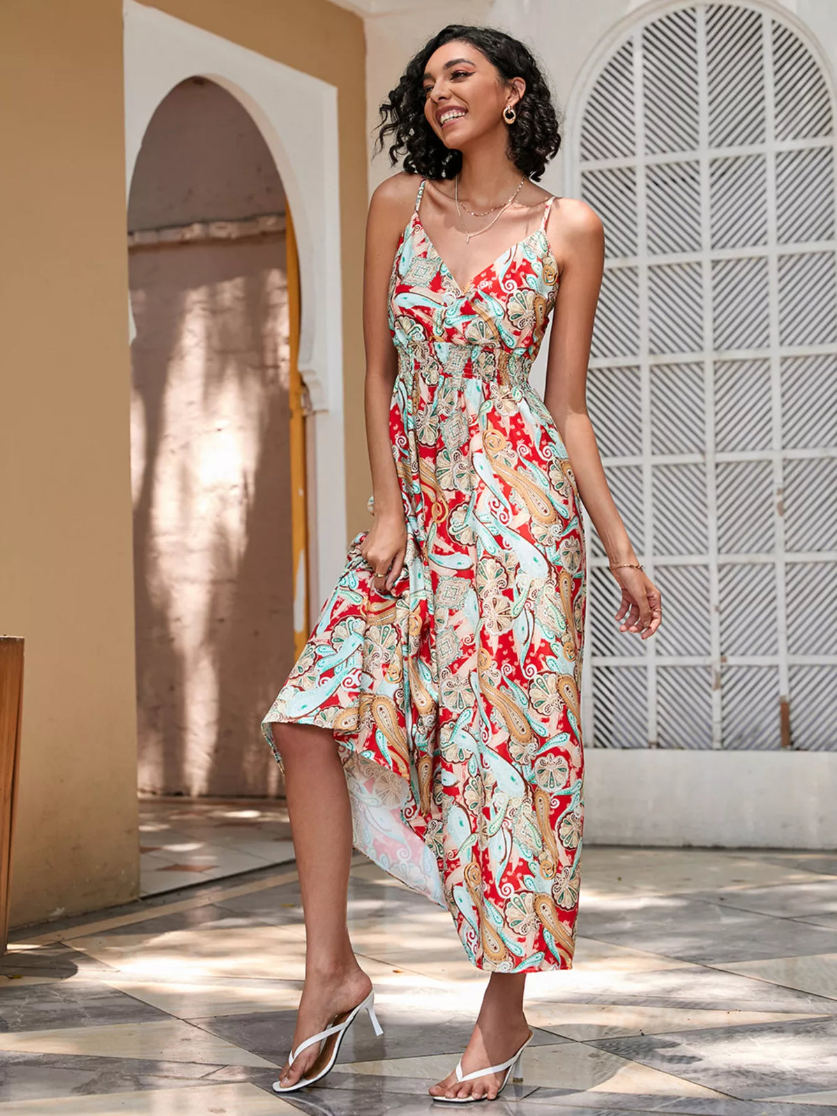 Floral print spaghetti strap midi dress full length view