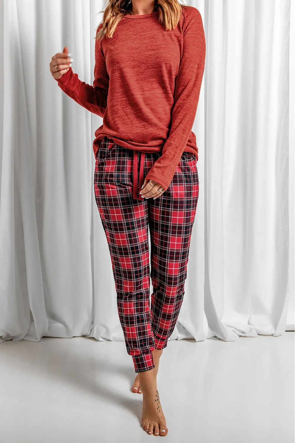 Round Neck Top and Drawstring Plaid Pants Lounge Set - Fashorio