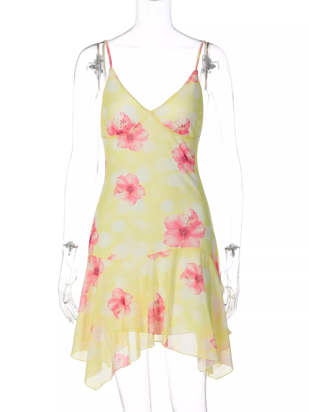 Detail of the neckline on the sheer floral dress