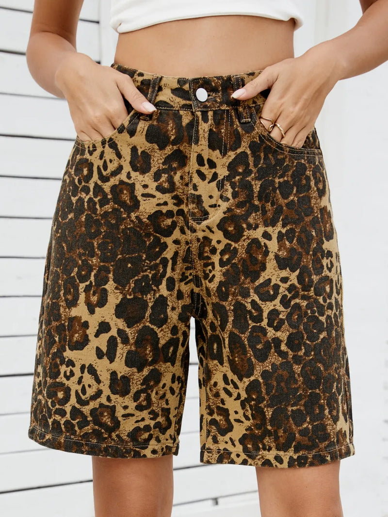Leopard print high waist denim shorts front