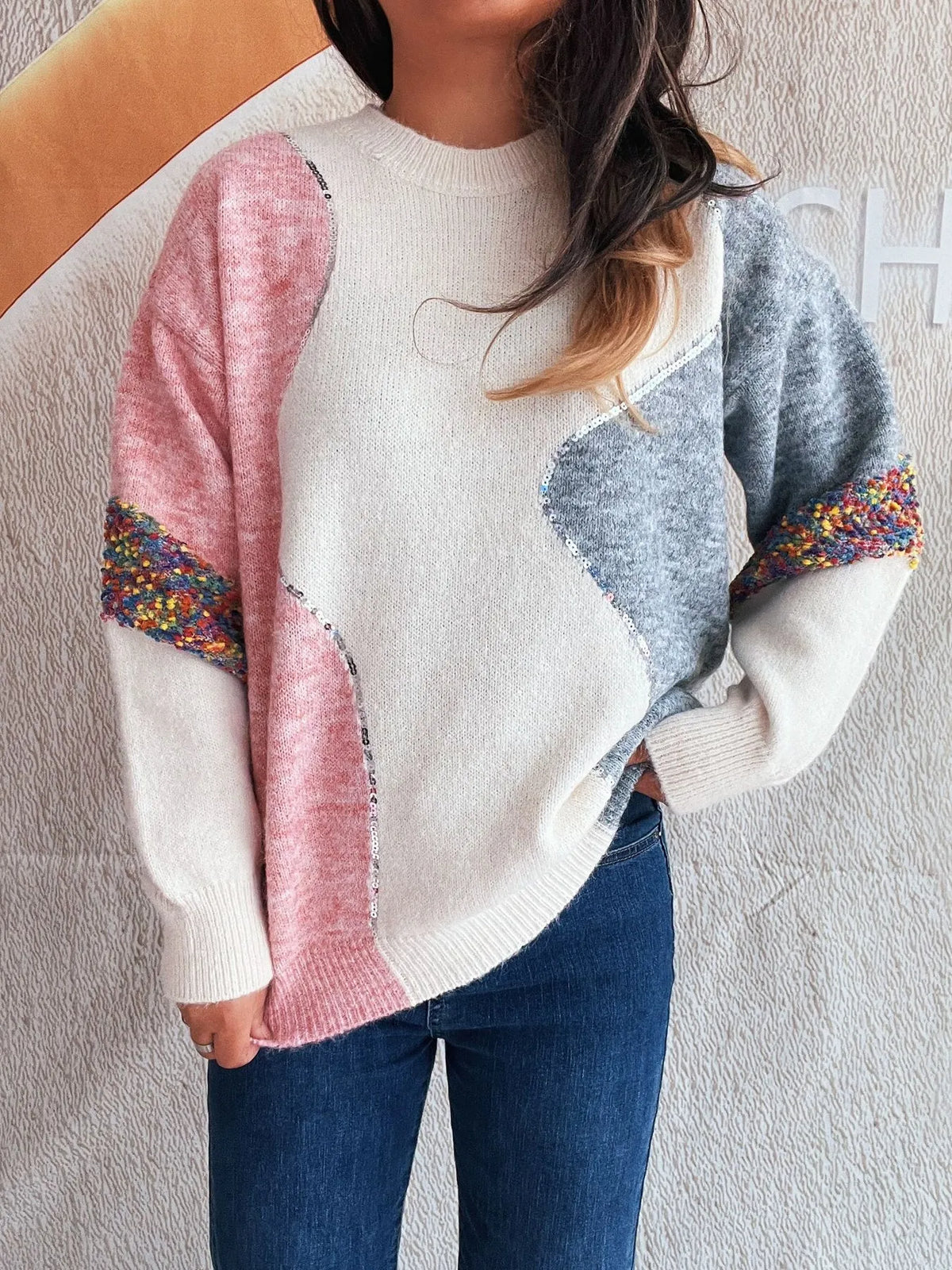 Color block dropped shoulder sweater side view