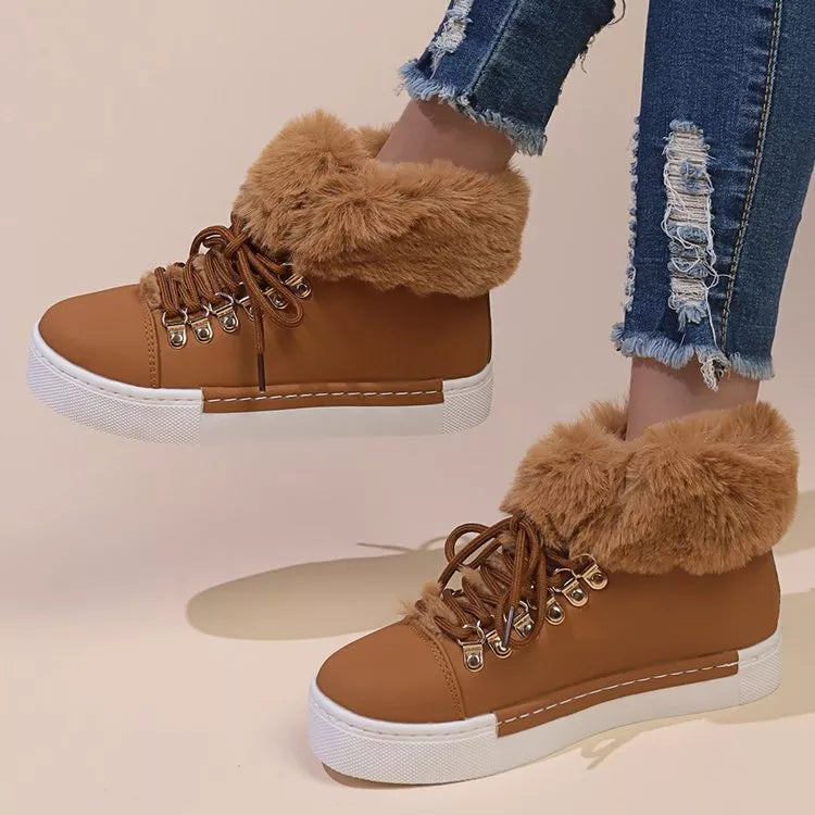 Fuzzy Trim Lace Up Ankle Boots in off white