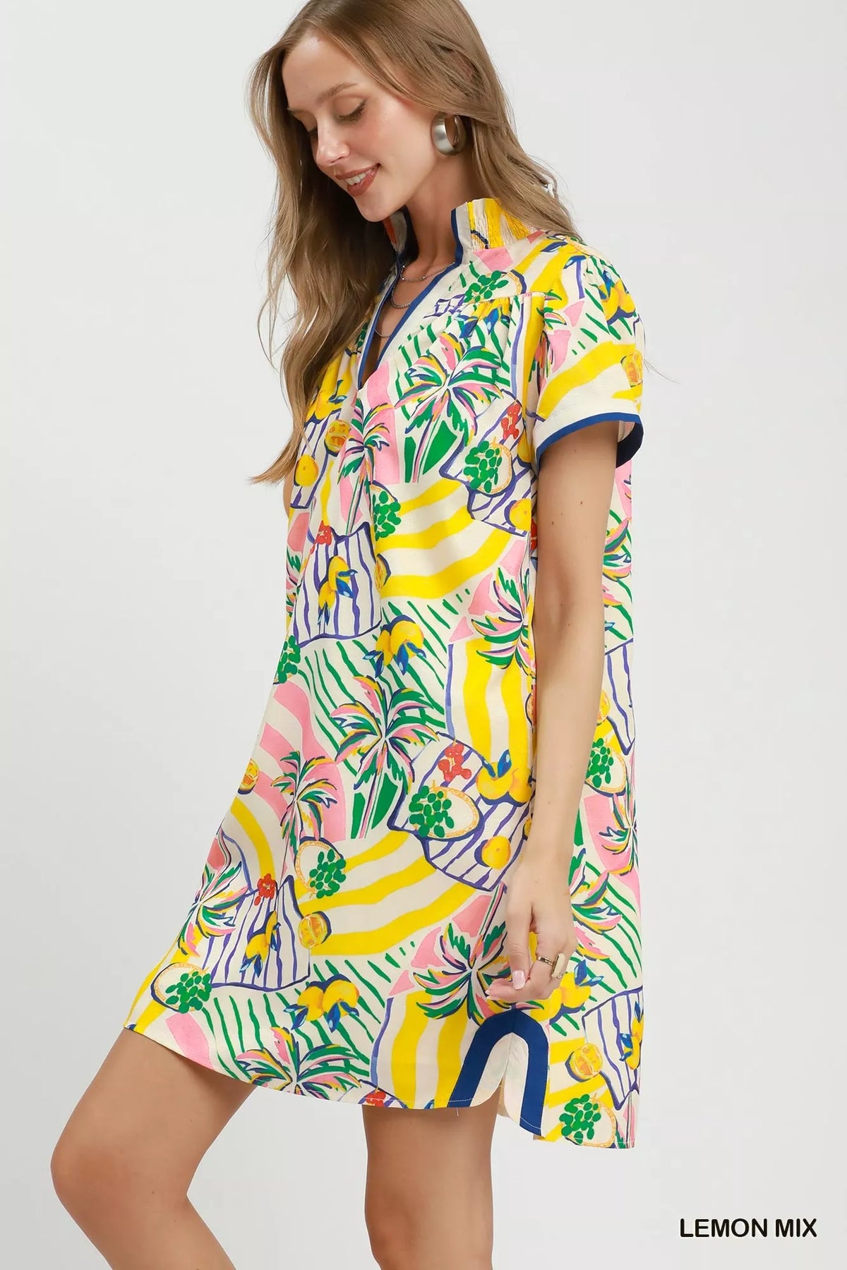 Yellow tropical shift dress split collar detail