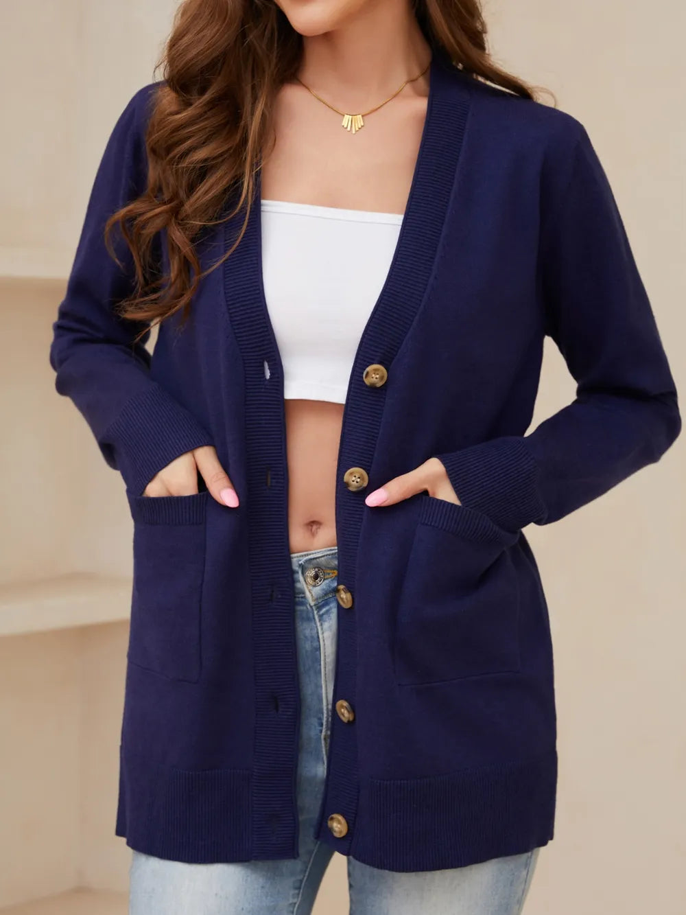 Pocketed Button Up Long Sleeve Cardigan - Fashorio